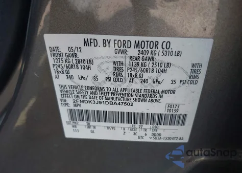 2013 Ford Edge Sel из США, поврежденный, VIN 2FMDK3J91DBA47502